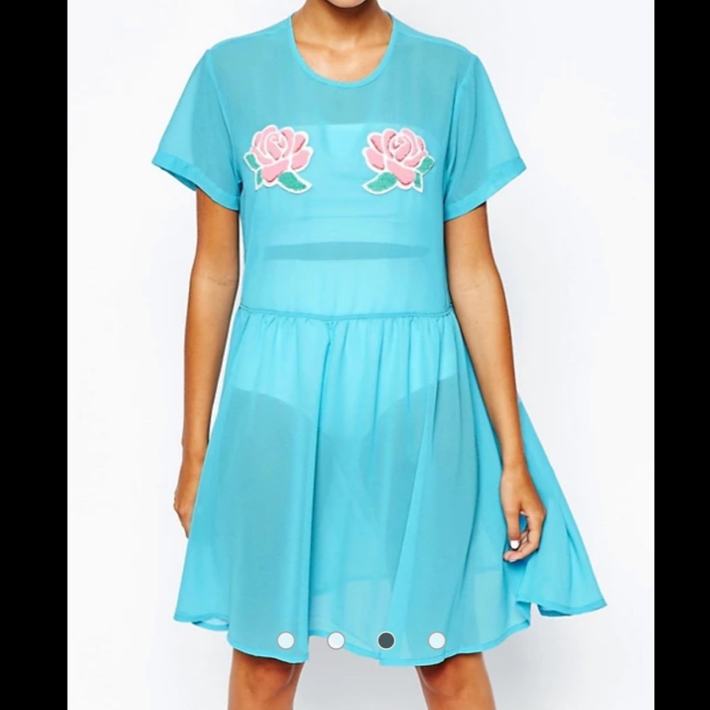 Lazy Oaf Blue Smock Dress with Flower Detail
